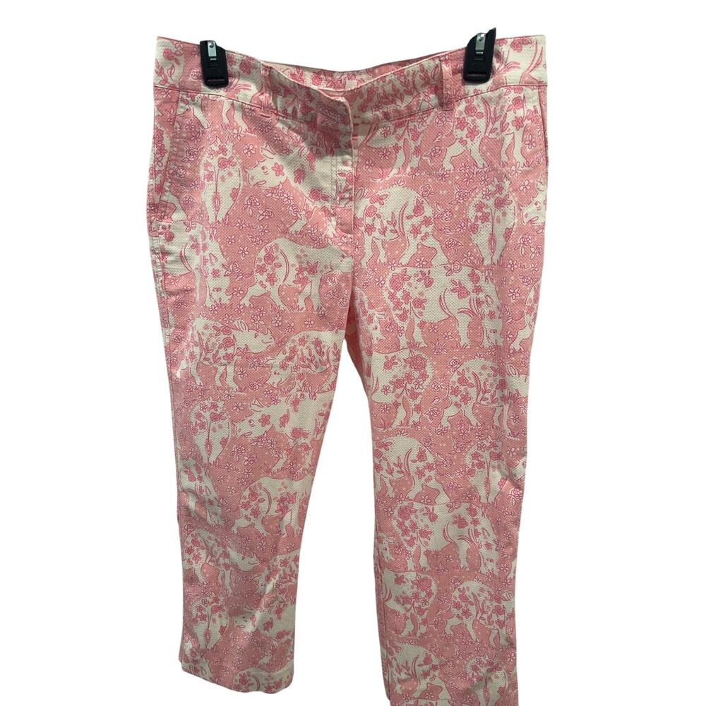 Lilly Pulitzer Capri Crop Pants Pink White Novelty Animal Print Size 12 EUC